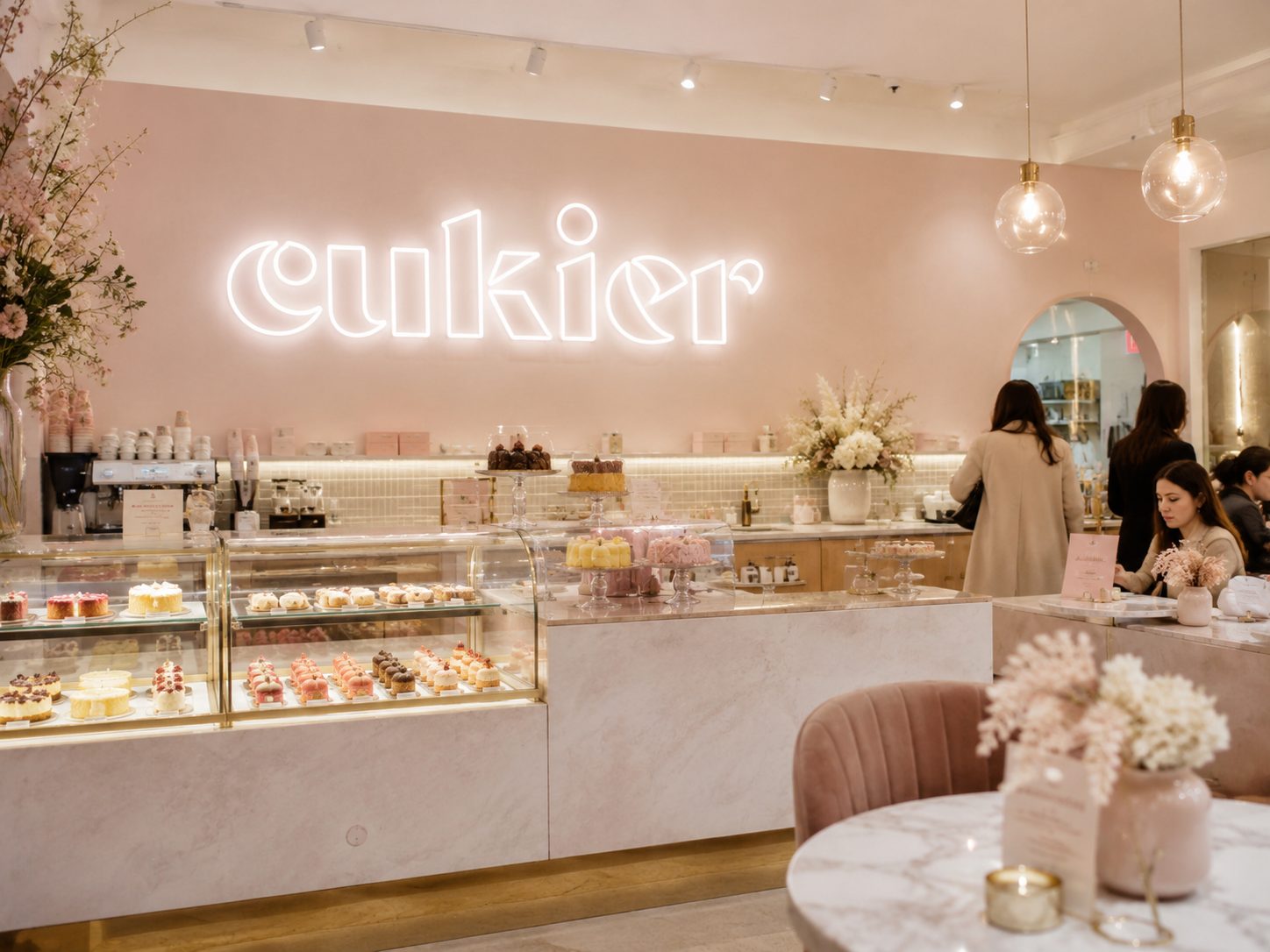 Cukier — wnętrze cukierni z logo w formie neonu nad ladą