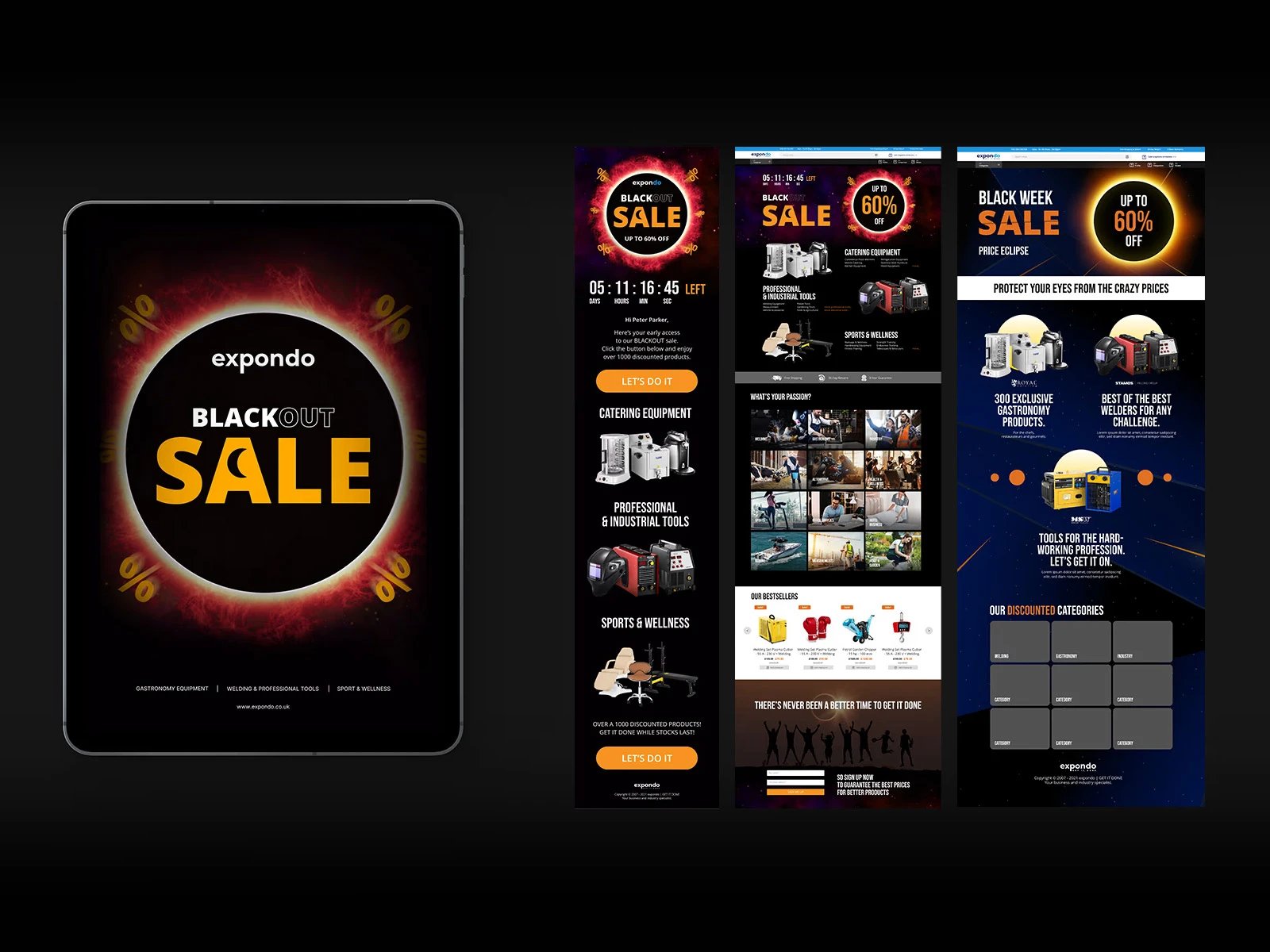 Expondo — landingi i ekrany kampanii Black Week: blackout sale, kategorie, eclipse