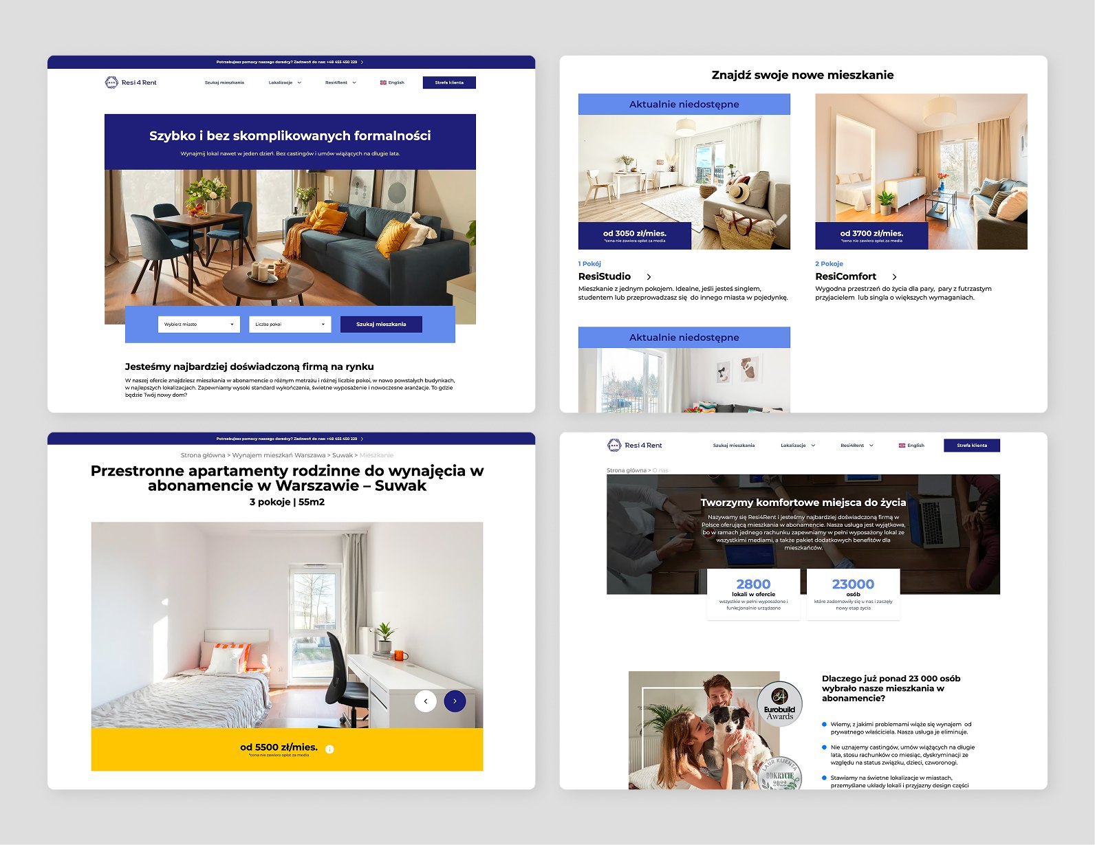 Key desktop screens of the new Resi4Rent website