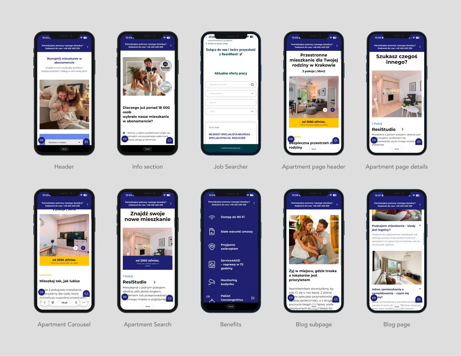 Key mobile screens of the new Resi4Rent website