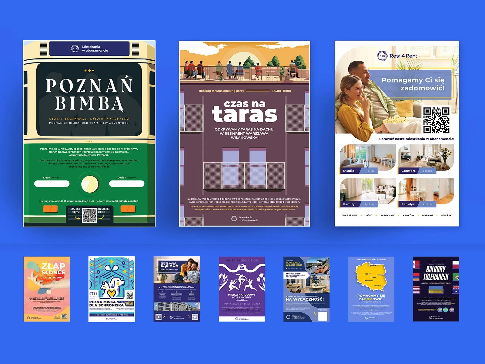 Resi4Rent — potykacze A-frame: 'Twoje Miejsce. Twoja Wolność.' i 'Twój abonament, Twój dom.'