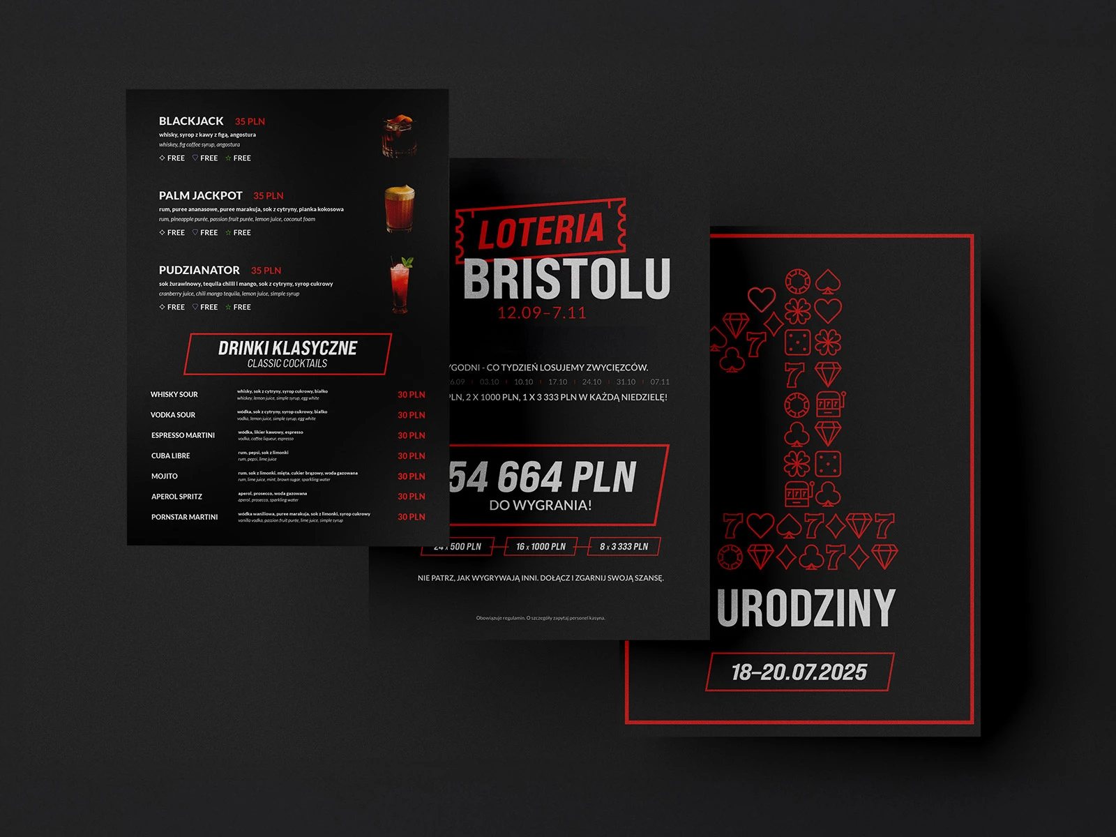 Win Casino — kampanie i materiały: menu, loteria, plakaty
