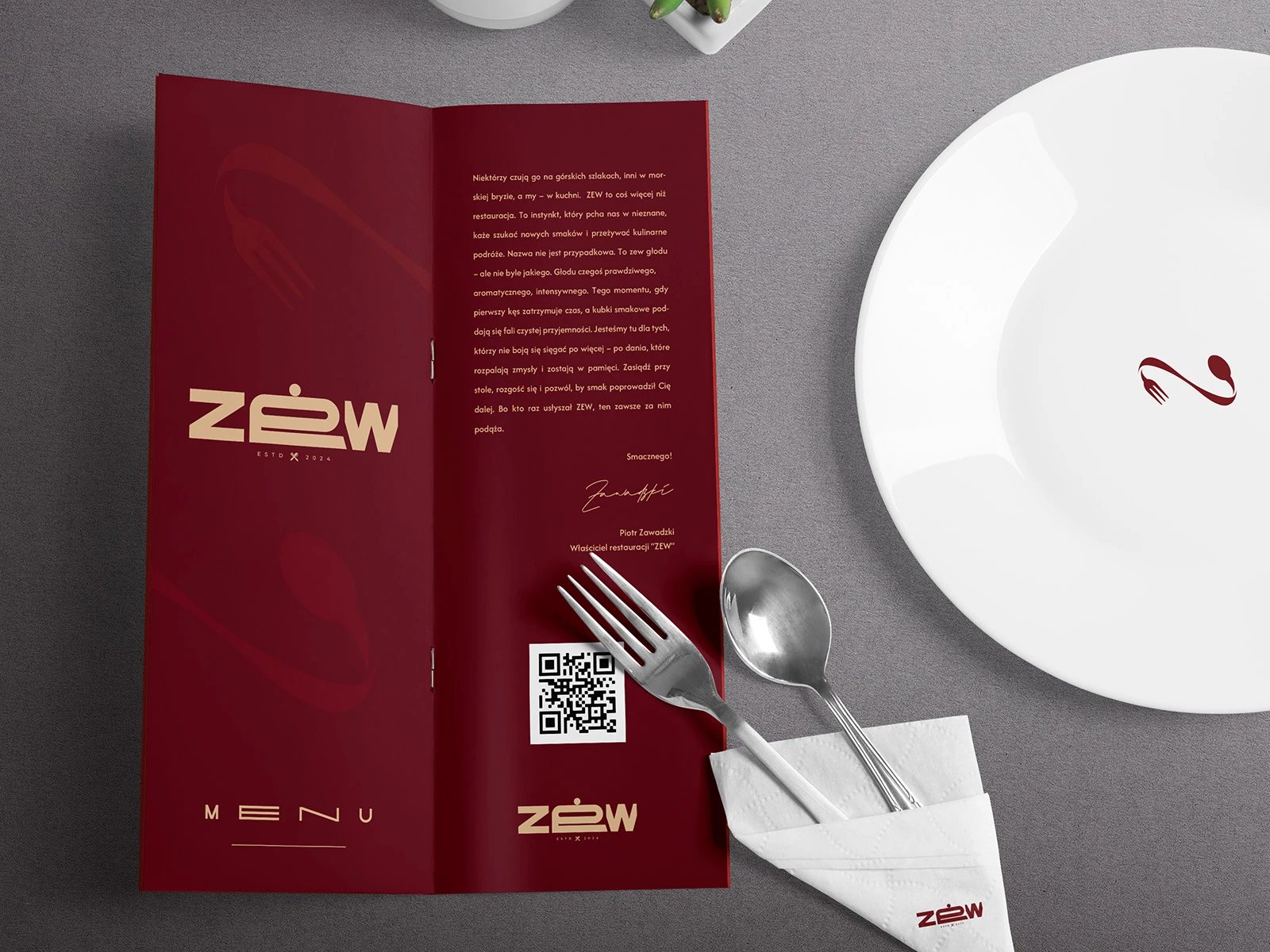 ZEW — menu z manifestem marki i podpisem właściciela