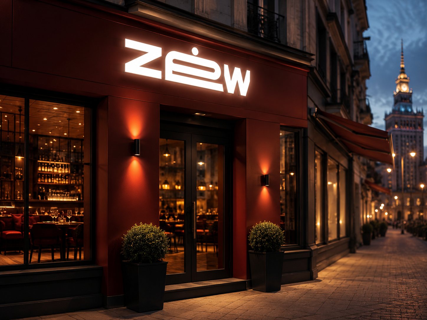 ZEW — podświetlany szyld na fasadzie restauracji w Warszawie, w tle Pałac Kultury