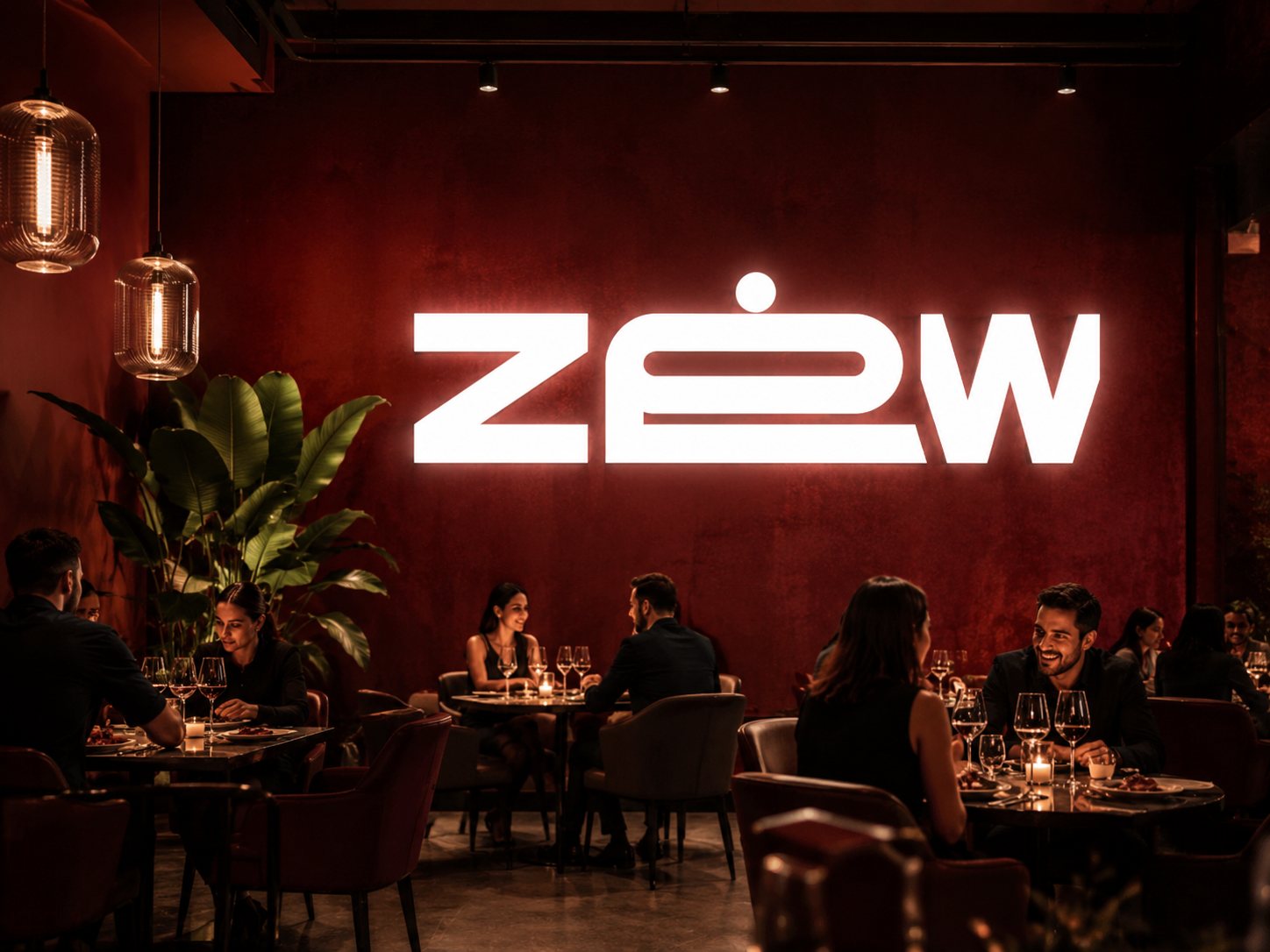 ZEW — pełna sala restauracji z podświetlonym logo na ścianie